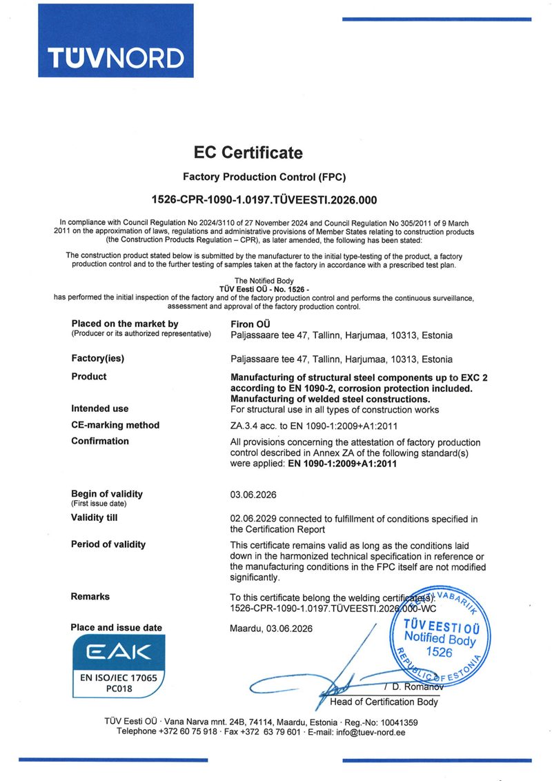 EC-sertifikaat (FPC), EN 1090-1 — Firon OÜ